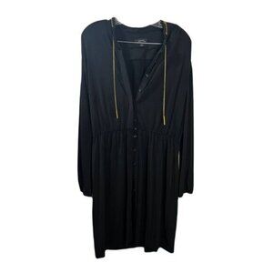 Black Button-Down Long-Sleeve Dress With Gold Chain Detailing & Elastic Waist‎